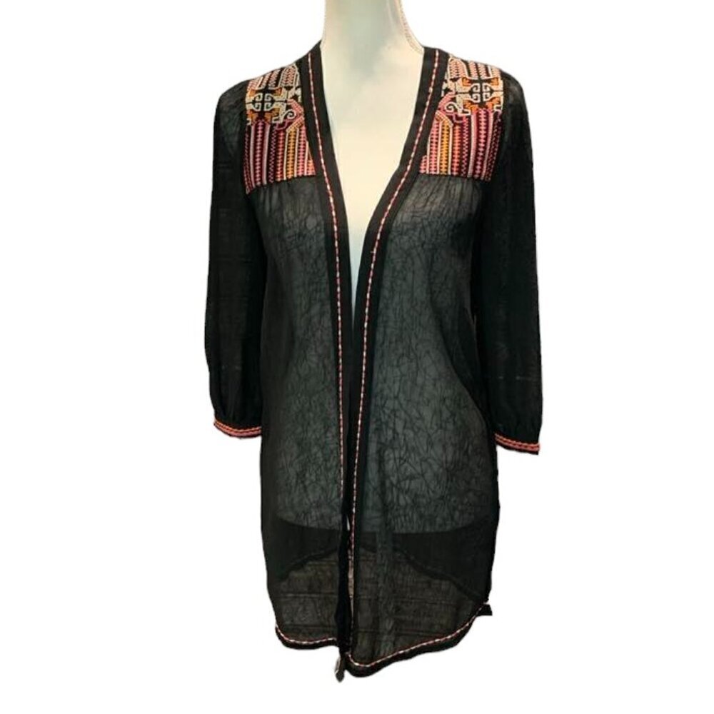 SKIES ARE BLUE Black Embroidered Sheer Open Front Jacket Wrap Cover Up
